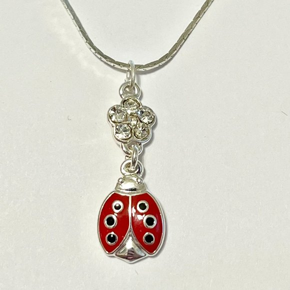 Silver Red Ladybug Pendant Necklace Crystal Plated 18" Chain Insect Enamel - Picture 10 of 12